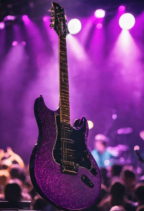 A custom purple metallic guitar onstage at a rock concert.