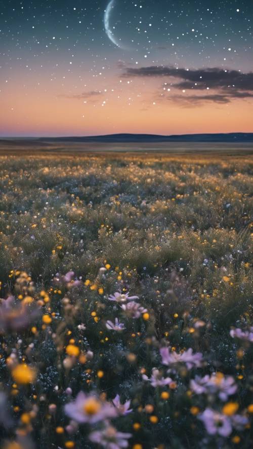 Dolunay ışığı altında, çiçek açan kır çiçekleriyle bezeli uçsuz bucaksız ovalar