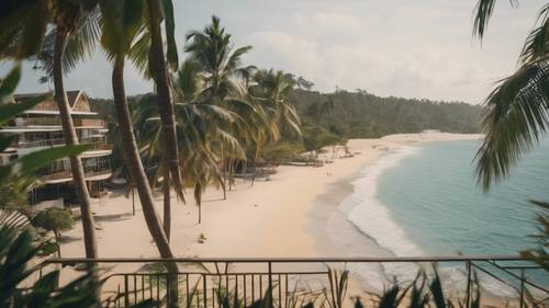 An aesthetic beach view of a tropical island from the balcony of a luxurious beach resort.