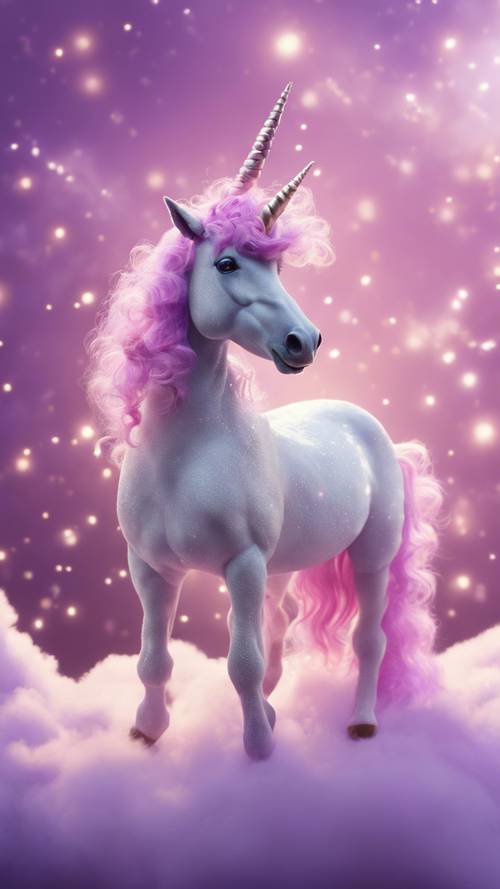 A magical kawaii unicorn with a shimmering light purple mane, prancing on top of fluffy clouds.