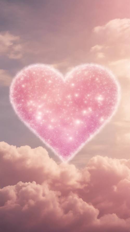 Un&#39;aura magica a forma di cuore che emette tenui bagliori rosa in un cielo pieno di soffici nuvole bianche.