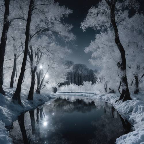 Una laguna nera che brilla al chiaro di luna, circondata da alberi bianchi spettrali.