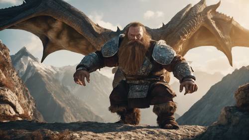 A stout dwarf warrior bravely defending a mountain pass against an enormous, flying reptilian beast.