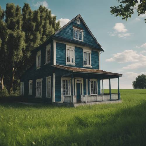 Uma antiga casa azul marinho com persianas de madeira aninhada num campo verde.