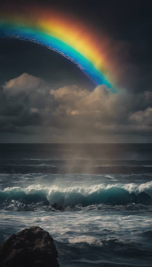Um arco-íris negro arqueando-se majestosamente sobre um oceano profundo e escuro.