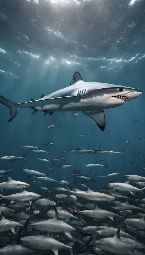 A menacing large blue shark approaching a school of small fish in a gloomy ocean setting.