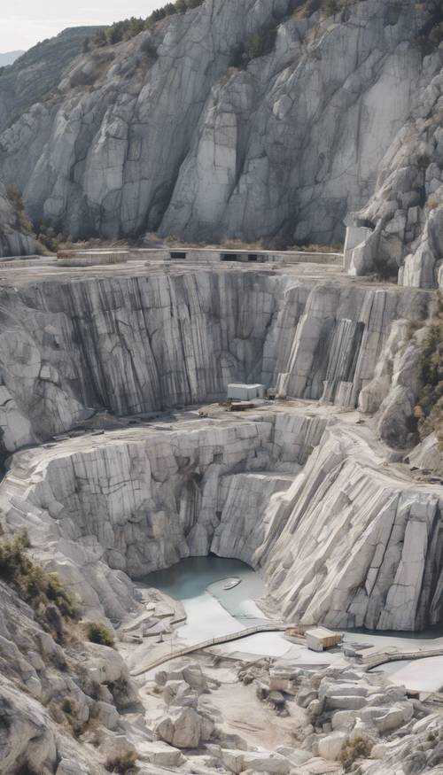 A panoramic view of a large marble quarry, filled with gray and white stone.