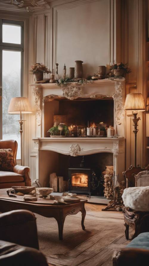 Una escena cálida y acogedora de una sala de estar campestre francesa con una chimenea crepitante y muebles antiguos.