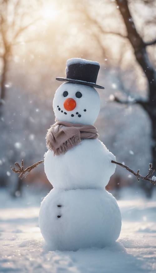 A snowman standing tall in a snow-covered park, a carrot for its nose and two stones for eyes.