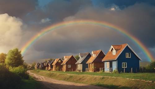 Un entorno rural con pequeñas casas acogedoras y un arco iris azul que adorna el cálido cielo del atardecer.