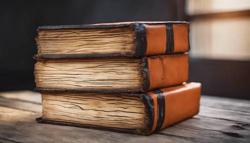 Eski, antika, deri ciltli, yıpranmış turuncu kapaklı ve sırtı siyah çizgili bir kitap.