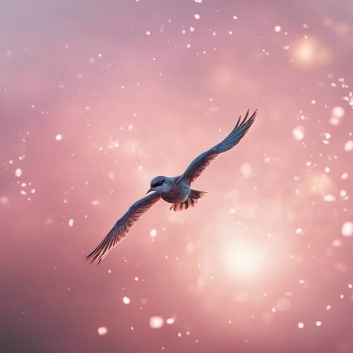 A bird gracefully flying across the sky, leaving a trail of light pink aura.