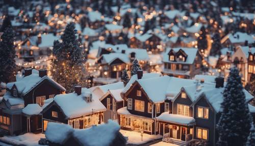 Casas do bairro com luzes cintilantes e telhados cobertos de neve, criando o cenário perfeito para a véspera de Ano Novo.