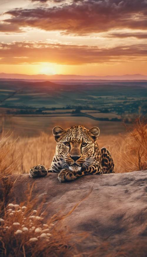 A panoramic view of a sunset landscape with hues resembling a leopard print.