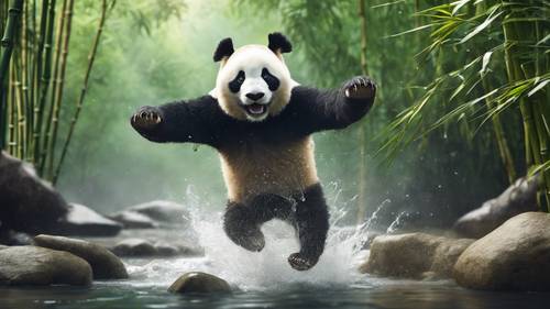 Arka planda bambu ormanları bulunan hızlı bir dere boyunca sıçrayan maceracı bir panda.