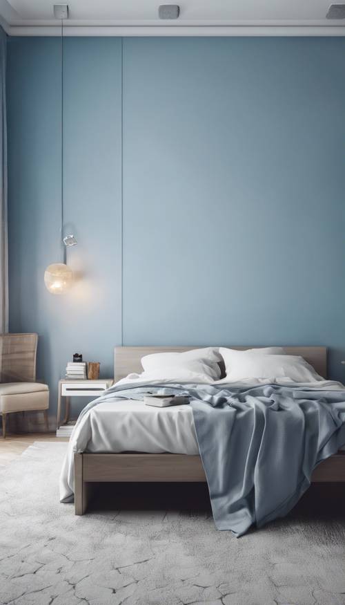 A minimalist bedroom painted blue with a single white bed in the center.