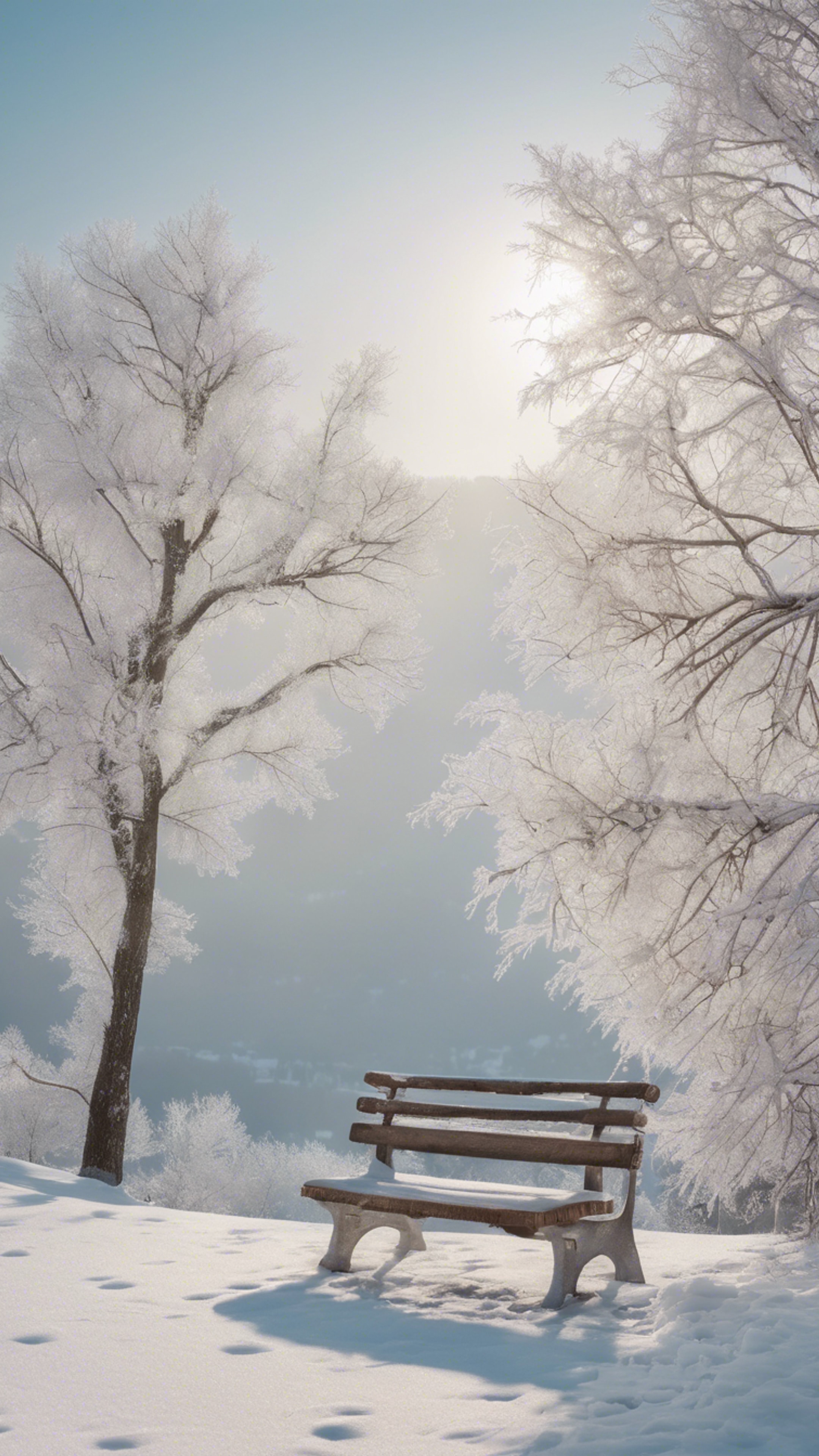 “A snowy landscape at the peak of winter, where a lonely bench is seen covered in fresh white snow, and the barren trees are frosted with ice.” Wallpaper[2c4143ce95a64d6693bc]