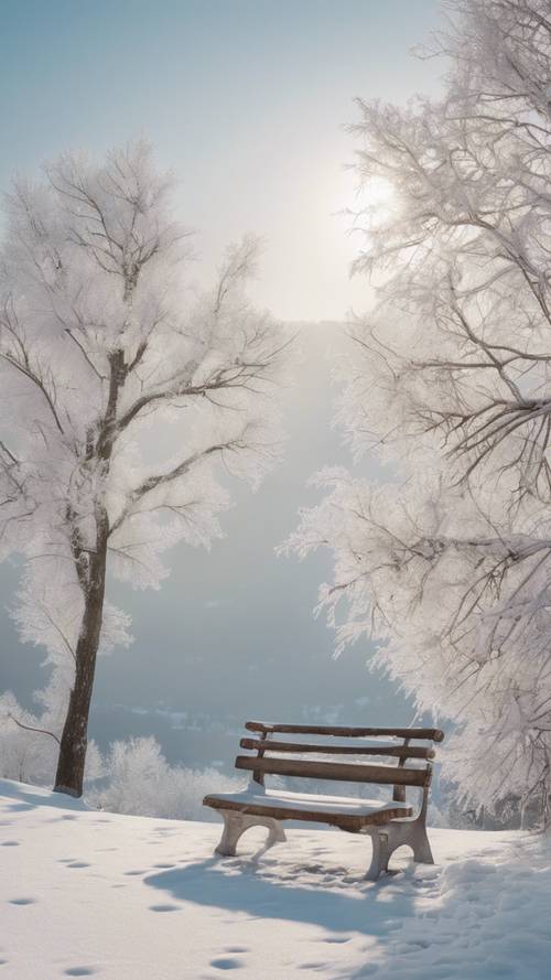 “A snowy landscape at the peak of winter, where a lonely bench is seen covered in fresh white snow, and the barren trees are frosted with ice.”