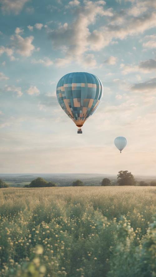 Patchwork bir alanın üzerinde huzur içinde süzülen pastel mavi bir sıcak hava balonu.