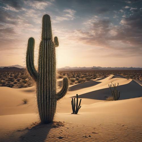 A surreal art piece of giant cacti growing on sand dunes under an evening desert sky.