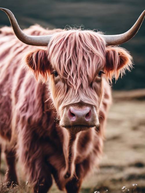 Un&#39;illustrazione dettagliata di una realistica mucca Pink Highland nelle Highlands scozzesi.