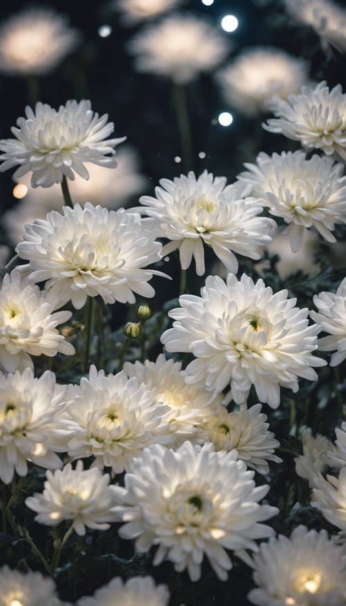 A surreal and serene image of white chrysanthemums glowing under the moonlight.