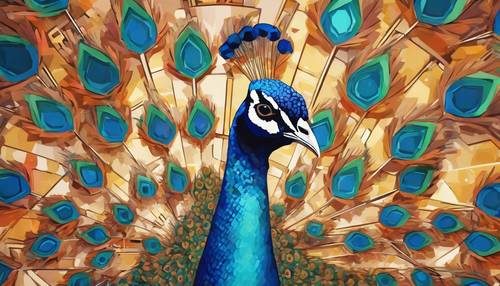 Potret abstrak burung merak bergaya kubisme, tersusun dari bentuk geometris berwarna-warni.