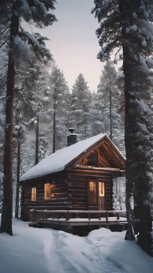 늦은 겨울 저녁, 크고 눈 덮인 소나무 사이에 장난스럽게 자리잡은 소박한 오두막.