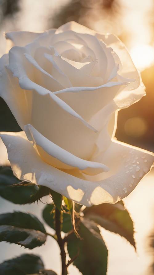 תקריב של ורד לבן בזריחה, אור השמש הזהוב מאיר את יופיו השליו.