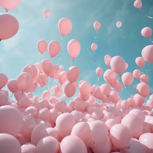 A pastel pink melody of floating balloons against an azure sky.
