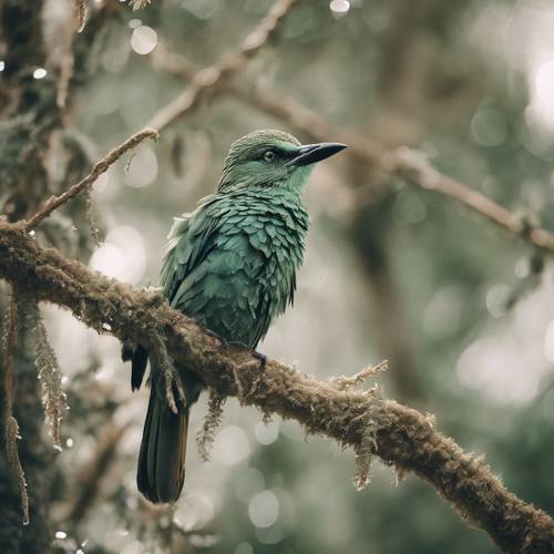 A majestic bird with sage green textured feathers perched on a tree branch.