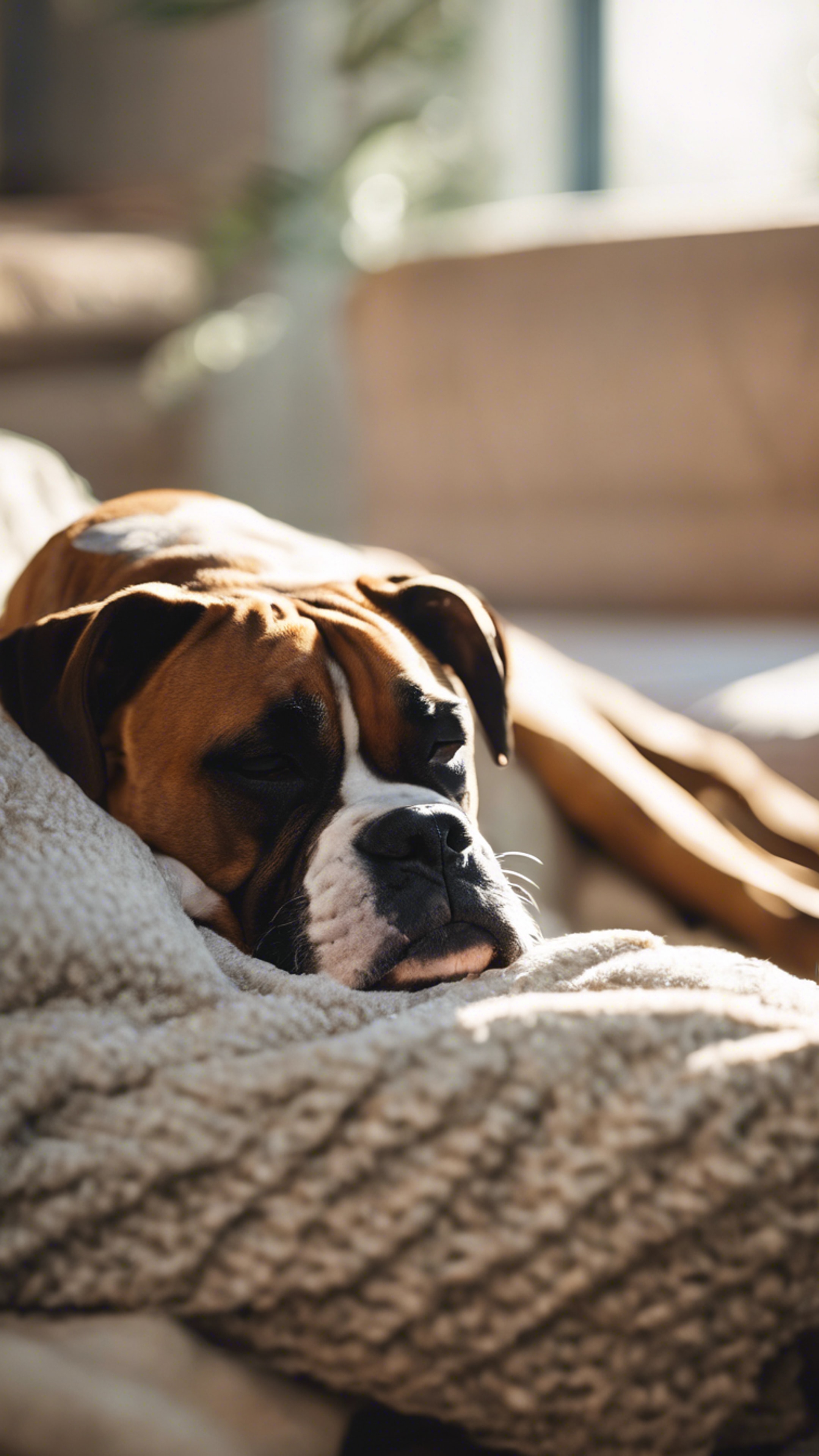A tired senior Boxer dog napping in his sunlit bed after a day of play in a light-filled room.壁紙[541dfca7db3d45608681]