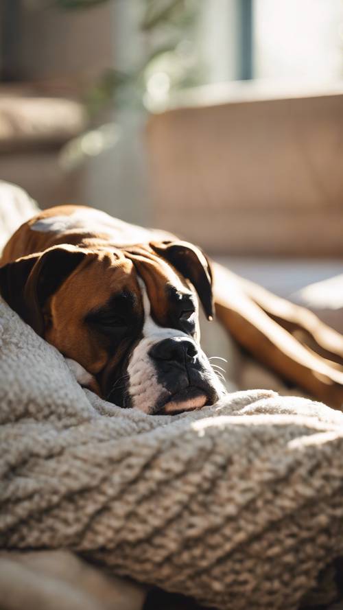 Un cansado perro Boxer mayor durmiendo una siesta en su cama iluminada por el sol después de un día de juego en una habitación llena de luz.
