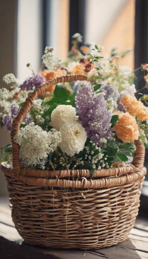 A fresh and vibrant Scandinavian floral arrangement in a rustic wicker basket.