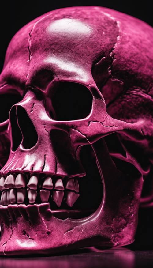 검은 벨벳 배경에 검은 그림자가 있는 분홍색 해골.