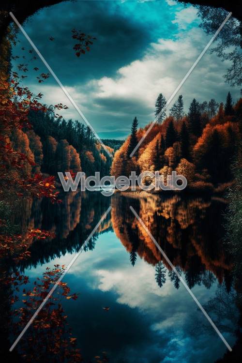 秋の湖の景色を反射する壁紙