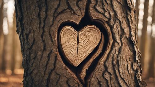 A heart shape carved into the bark of a tree, half alive and half dead.