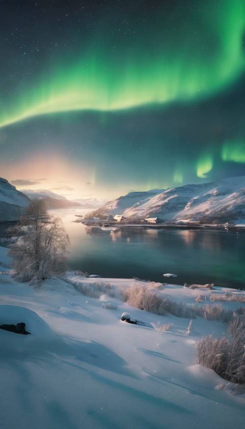 Aurora Borealis&#39;in karlı fiyordun üzerindeki gökyüzünü aydınlattığı bir İskandinav kış manzarası.