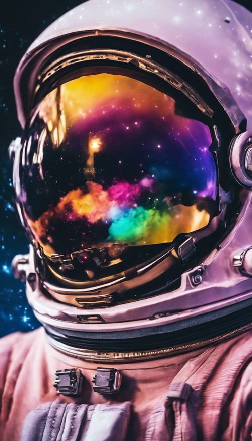A colorful nebula reflecting on the visor of an astronaut's helmet.