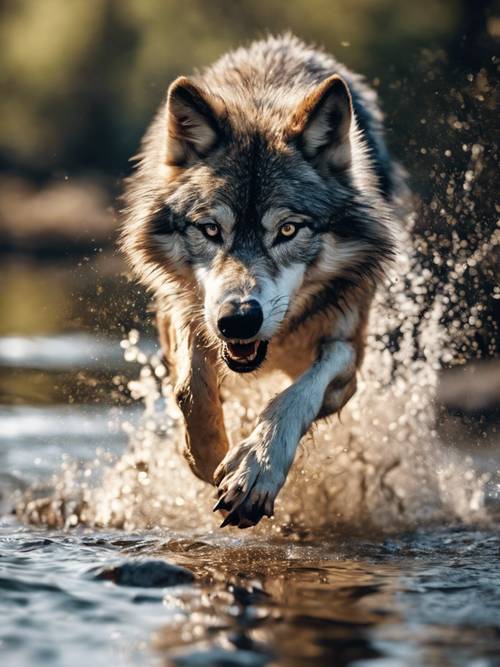 Seekor serigala yang terbang di udara, ditangkap dengan indah saat sedang melompati sungai yang mengalir deras, terpantul sempurna di air di bawah.