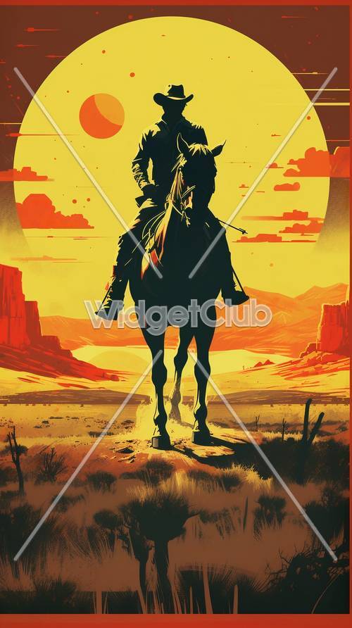 砂漠の風景に夕日を背にした馬に乗る人のシルエット