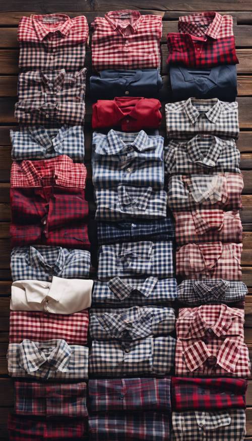 A neatly folded stack of preppy checkered shirts in shades of navy, red, and white on a vintage wooden table. Tapet [a1ce6be04de945edae19]