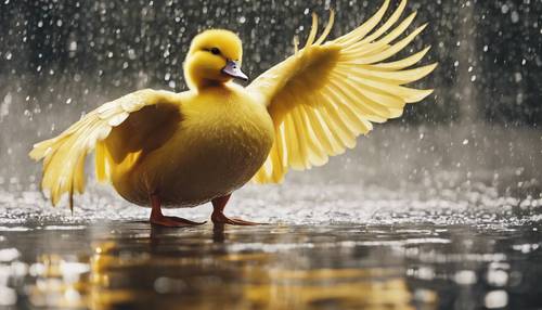 Seekor bebek kuning dengan bulu yang mempesona, mengepakkan sayapnya di bawah hujan.