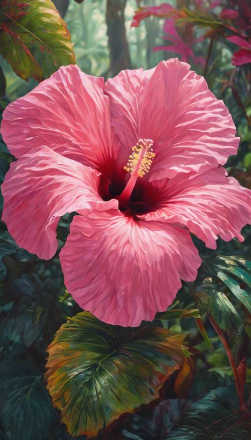 An oil painting of a pink hibiscus amidst a tropical forest, rendered in vivid colors and textures