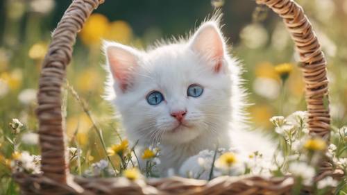 Une charmante image d&#39;un chaton blanc timide, sortant d&#39;un panier en osier au milieu d&#39;un champ de fleurs sauvages sous le chaud soleil du printemps.