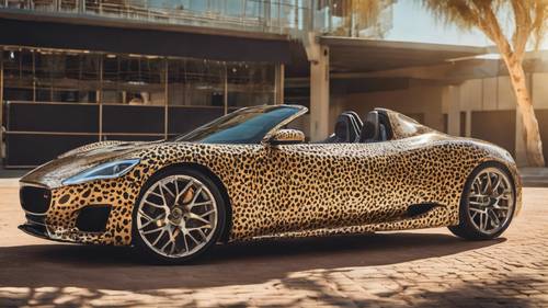 A custom, one-off sports car with a striking cheetah print wrap gleaming in the noon-day sun.