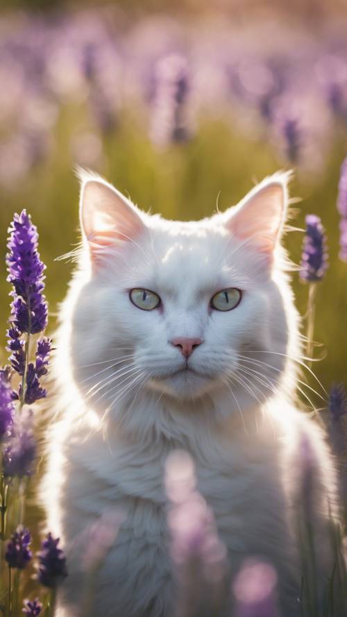 Seekor kucing Maine Coon putih memamerkan bulunya yang mengesankan di bawah sinar matahari pagi, di tengah hamparan bunga lavender yang semarak.