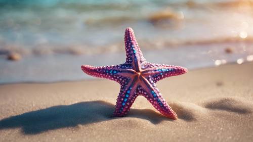Niezwykle szczegółowe przedstawienie rozgwiazdy o powierzchni usianej jasnoniebieskimi i różowymi plamami, siedzącej pod wodą na skąpanym w słońcu piasku.