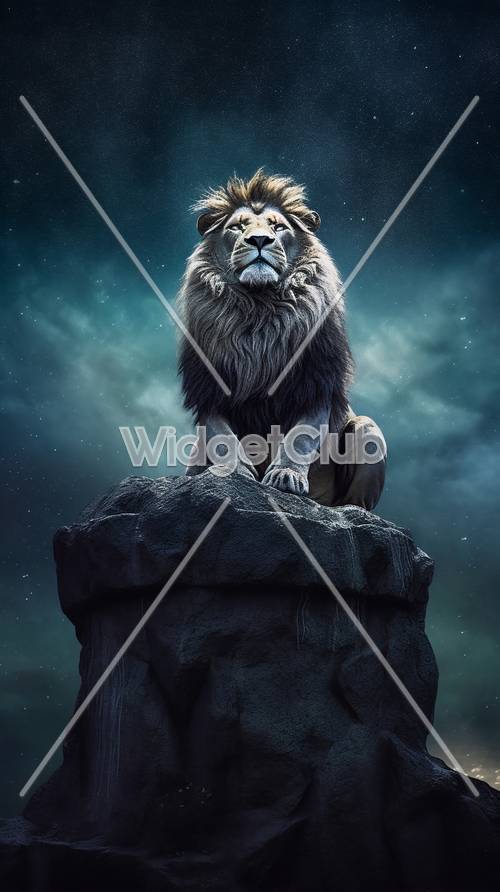Majestic Lion on a Rock Under Starry Sky