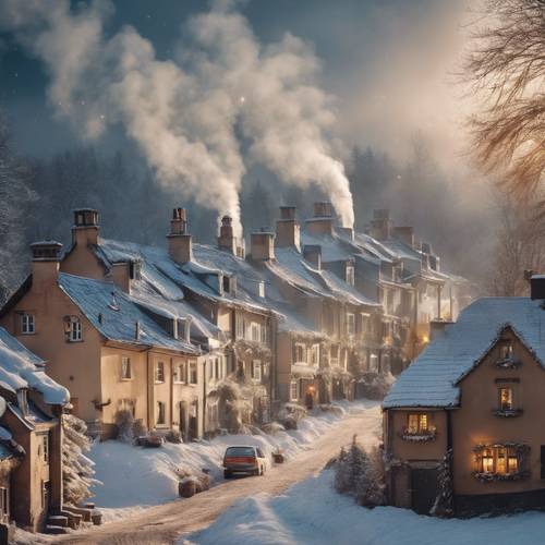 Mural de un tranquilo pueblo nevado con humo saliendo de las chimeneas en época navideña.